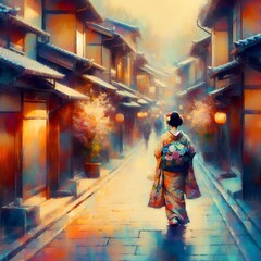 Wall Mural - Geisha Walking in Kyoto's Traditional Gion District in Oil Painting Style Illustration with Generative AI.