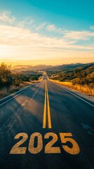 Poster - A road with a yellow line and the number 2025 written on it