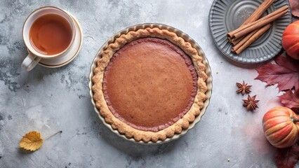 Poster - A Whole Pumpkin Pie, Served With Warm Tea, Cinnamon Sticks, and Star Anise, Surrounded by Fall Leaves