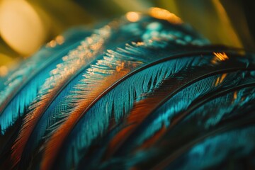 Poster - A detailed shot of a vibrant blue and orange feather, perfect for highlighting or emphasizing design elements
