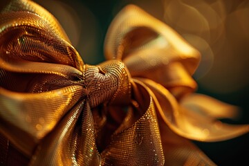 Poster - A shiny gold bow on a black background, perfect for decoration or gift wrapping