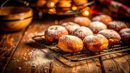 Poster - Freshly Baked Doughnuts Cooling on a Wire Rack, Covered in Powdered Sugar, Resting on a Wooden Table