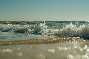 Poster - A close up view of a wave crashing on the beach, with water and sand in motion