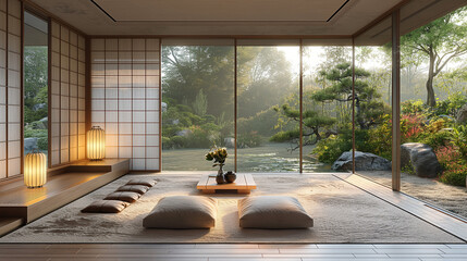 Wall Mural - Minimalist, japandi style interior design of modern living room. Design concept