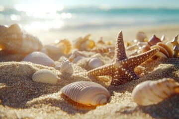 Poster - Coastal scene with shells and starfishes on the sand, great for ocean-themed designs or illustrations