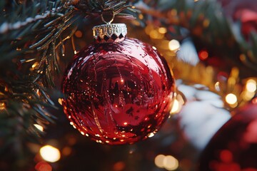 Aufkleber - A red ornament hanging from a Christmas tree