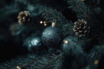 Poster - Close-up shot of a decorated Christmas tree with ornaments and lights