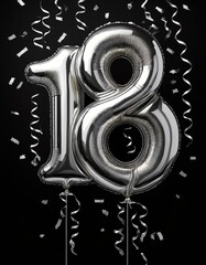 silver birthday / anniversary balloon, number 18, black background with confetti