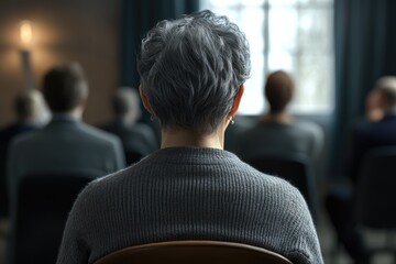 Poster - A woman sits in a chair, addressing a gathering of people