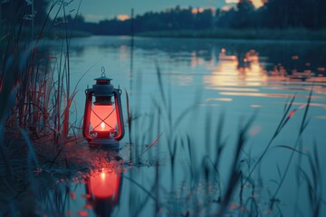 Poster - A single lantern sitting on the shore of a peaceful lake, perfect for evening scenes or nightime photography