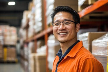 Poster - A person wearing an orange shirt stands in a large storage facility