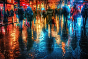 Poster - A group of people strolling down a city street at night, lit up by streetlights and neon signs