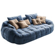 © Yung - Cozy Blue Sofa with Pillows: A plush, quilted sofa in a calming blue hue, adorned with soft, beige cushions, offers a comforting and stylish addition to any modern living space.