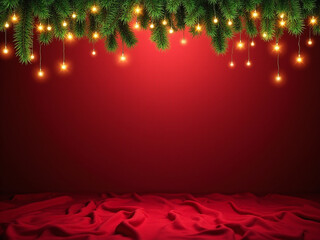 Poster - A festive holiday scene featuring a Christmas background with pine tree branches golden lights and a red fabric texture on an empty copespace