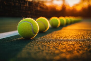 Poster - A collection of tennis balls arranged neatly on a tennis court, ready for play