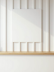Aufkleber - A minimalist design features a light wood counter against a white wall with vertical slats and a horizontal banner with copy space available