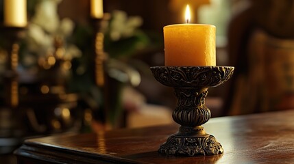Aufkleber - A lit candle sits on top of a wooden table, providing warm light