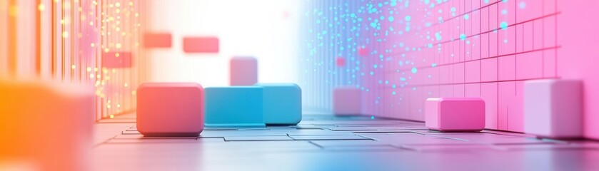Poster - A vibrant digital landscape featuring colorful blocks and illuminated grids, creating an abstract technological ambiance.