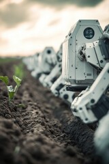 Poster - A group of robots lined up on the ground, possibly waiting for instructions or recharging