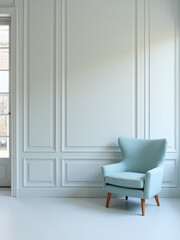 Aufkleber - A simple minimalist design in a light gray room features a pastel blue chair and classic wall panels with a large window