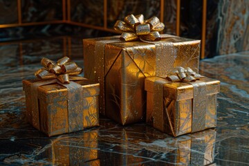 Poster - Three luxurious gifts wrapped in golden paper sit on a sleek marble surface, perfect for corporate events or special occasions