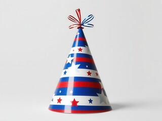 A festive party hat adorned with red, white, and blue stripes and stars, perfect for celebrations like Independence Day or festive gatherings.