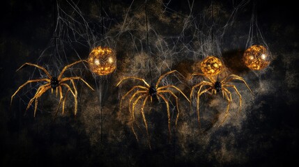Four spiders with glowing eyes are hanging from the ceiling