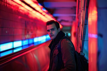 Poster - A person carrying a backpack stands in a subway station