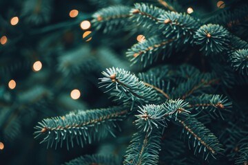 Poster - A close-up shot of a pine tree with colorful lights in the background