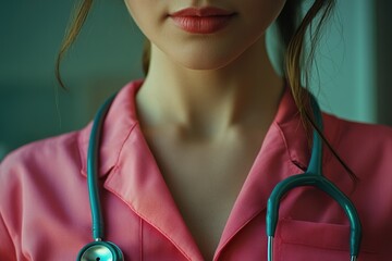 Aufkleber - A person wearing a pink shirt and stethoscope, suitable for medical or health-related uses