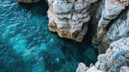 Poster - A person stands on a cliff overlooking the water, perfect for travel or outdoor adventure scenes