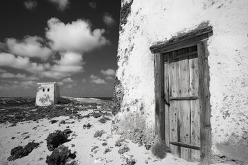 Poster - A black and white photo of an old building doorway with intricate details
