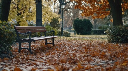Poster - A wooden bench sits in the midst of a vibrant yellow and orange leaf-covered field