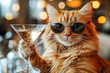 © sergign - A stylish ginger cat wearing sunglasses holds a cocktail glass, exuding a relaxed and humorous vibe in a chic setting.