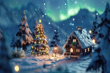 Poster - A small festive village scene with a decorated Christmas tree and snowflakes