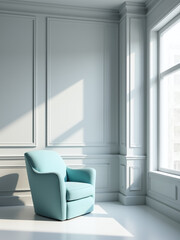 Poster - Simple studio interior features a light gray room with a pastel blue chair classic paneling and a large window shadow effect