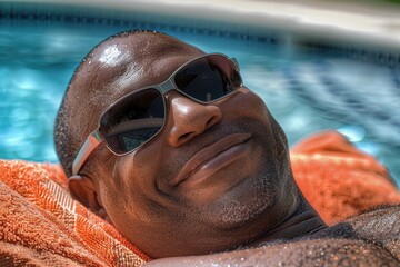 Poster - A man is lying in a pool, wearing sunglasses and enjoying the sun