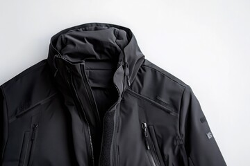 Poster - A black jacket hangs on a white wall, perfect for decorating or using in a minimalist design