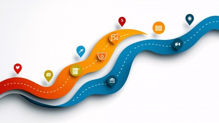 Poster - Engaging Customer Journey Illustration with Colorful Wave Design, Showcasing Icons for Various Interaction Points and Digital Touchpoints