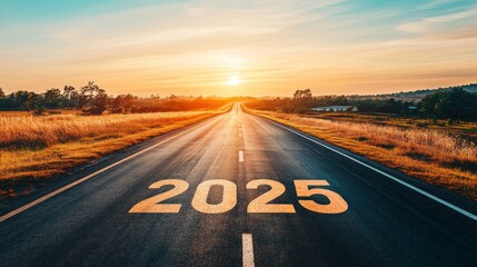 Poster - A road with a yellow line on it that says 2025