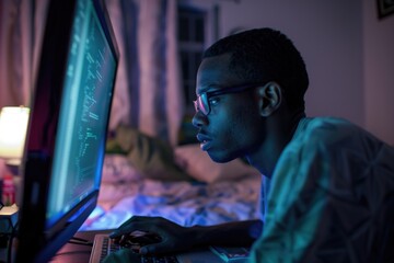Poster - A person sitting at a desk with a laptop and wearing glasses, focused on the screen