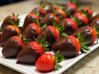 Poster - Strawberries dipped in rich chocolate are delicately arranged on a serving platter to create a visually appealing dessert display