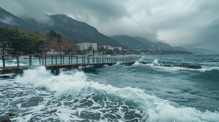 Poster - A pier on a cloudy day with waves crashing against the structure, suitable for use as a backdrop or scenic image