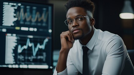 Poster - Thoughtful Analyst Engaged in Deep Reflection Surrounded by Data Visualizations and Financial Graphs in a Modern Office Environment