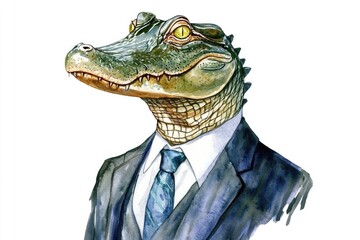 Aufkleber - Watercolor illustration of a crocodile wearing a suit and tie, often used for humorous or creative purposes