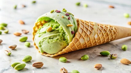 Poster - A single scoop of pistachio ice cream sits in a crispy waffle cone, surrounded by scattered pistachios on a marble surface.