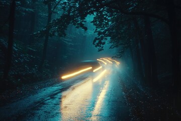 Poster - A car is driving down a wet road in the dark, illuminated only by its headlights