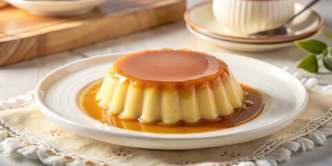 Aufkleber - A smooth, golden-brown caramel flan, glistening with a rich sauce, sits on a pristine white plate, ready to be enjoyed as a decadent dessert.