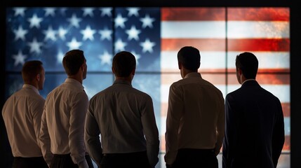 Poster - Group of Business Professionals Standing Together in Front of American Flag, Symbolizing Unity, Patriotism, and Team Spirit in a Corporate Environment