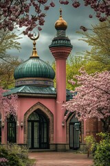 Aufkleber - A colorful architecture landmark with a prominent clock tower and green dome, ideal for use in travel or urban lifestyle stock images